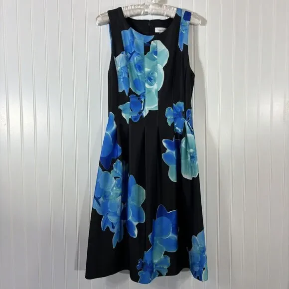 Calvin Klein Blue Black Sleeveless Floral Fit & Flare Cocktail Dress Sz 8 Spring - Picture 1 of 11